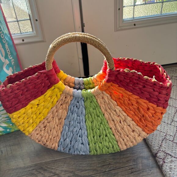 Vibrant Colorful Retro Semi-Circle Rattan Straw Bag 16"W x 13" H x 8" D - Picture 2 of 5